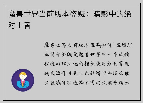 魔兽世界当前版本盗贼：暗影中的绝对王者
